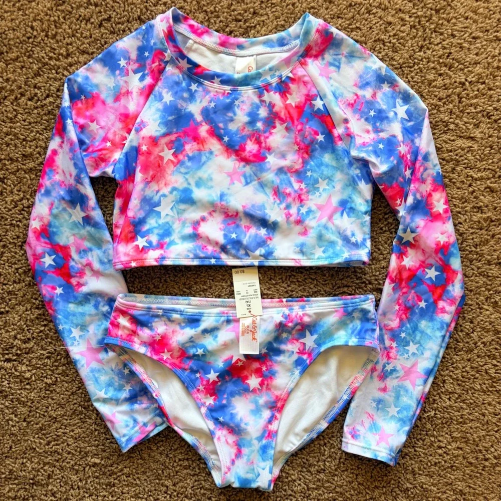 Cat & Jack Patriotic Tie Dye Stars Rash Guard Bikini Swim Bathing Suit XL 14 NWT